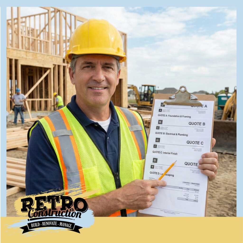 Construction worker in hard hat presenting multiple quotes for building projects. Foundation, electrical, interior, and landscaping.