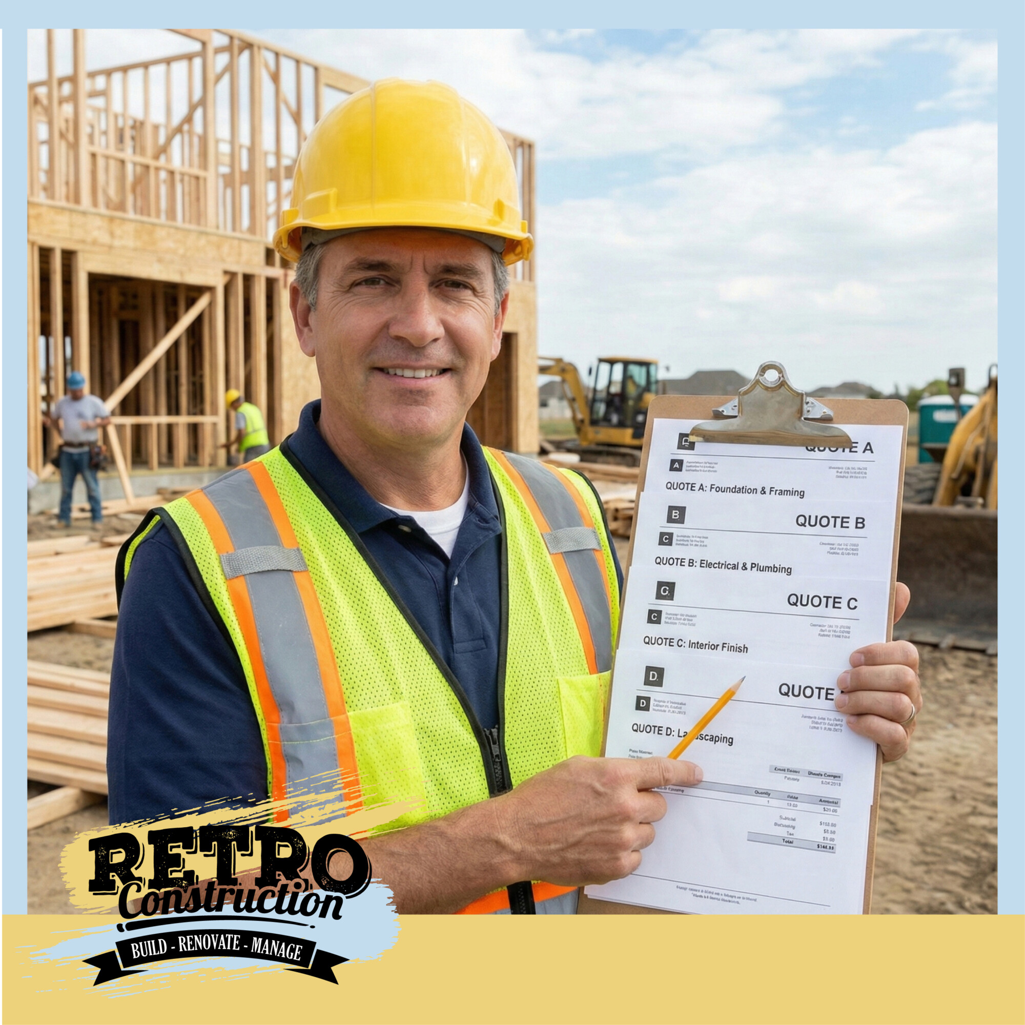 Construction worker in hard hat presenting multiple quotes for building projects. Foundation, electrical, interior, and landscaping.