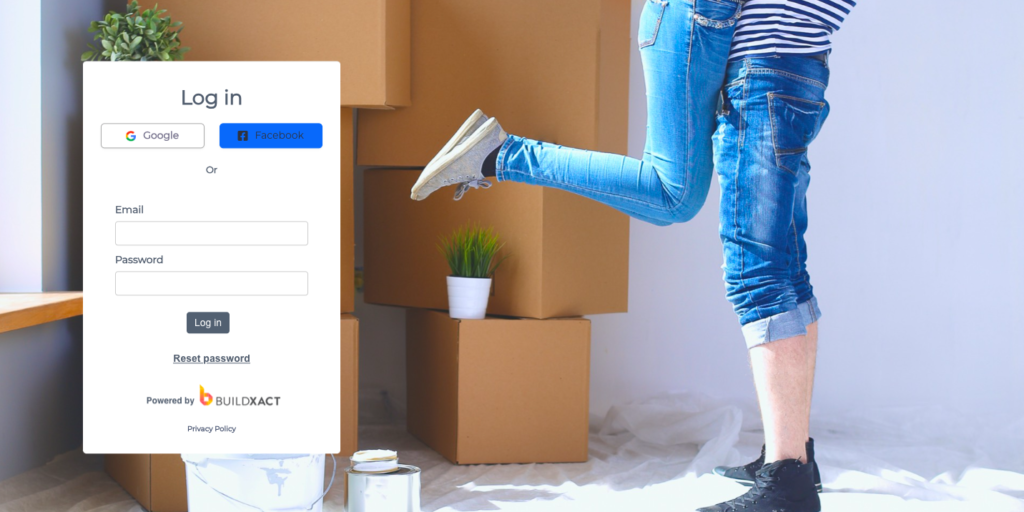 BuildXact login page for January 2026 quarterly newsletter. Couple moving with boxes in background. Sign up or reset password.
