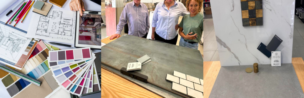 January 2026 Quarterly Newsletter showcasing interior design consultation with floor plans, color palettes, and material samples.