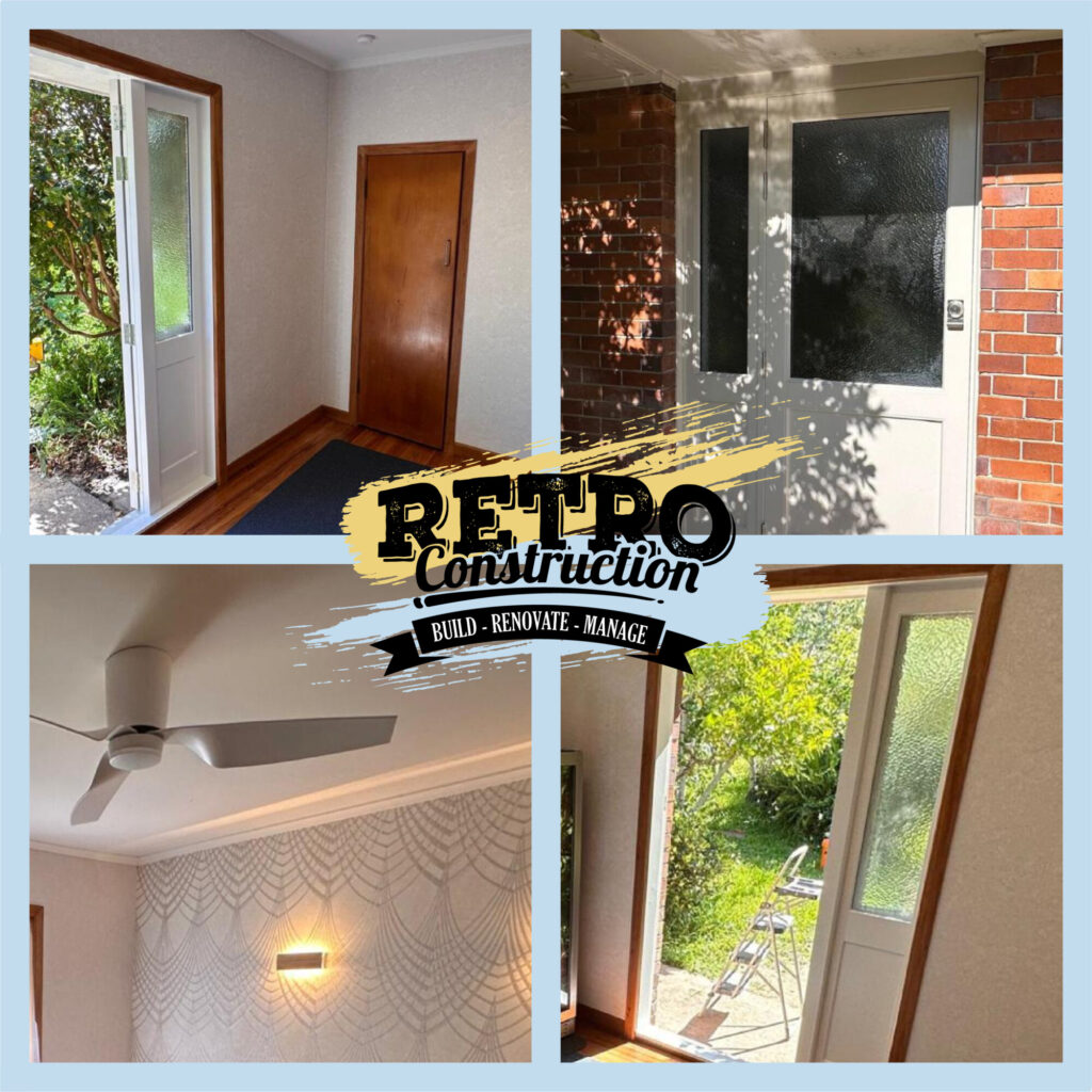 Retro Construction: Building and renovation collage featuring doors, ceiling fan, and interior design. January 2026 newsletter.
