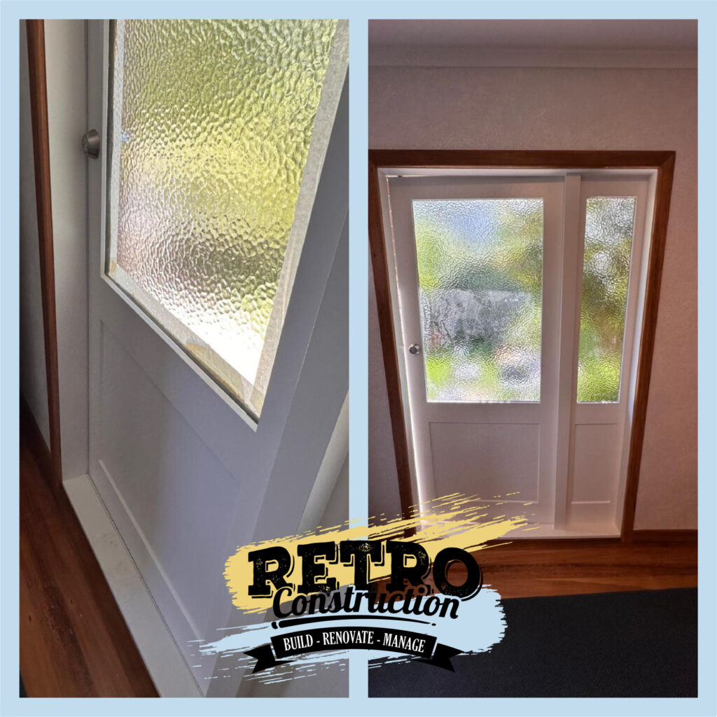 Retro Construction door renovation. White timber door with textured glass, part of January 2026 newsletter.