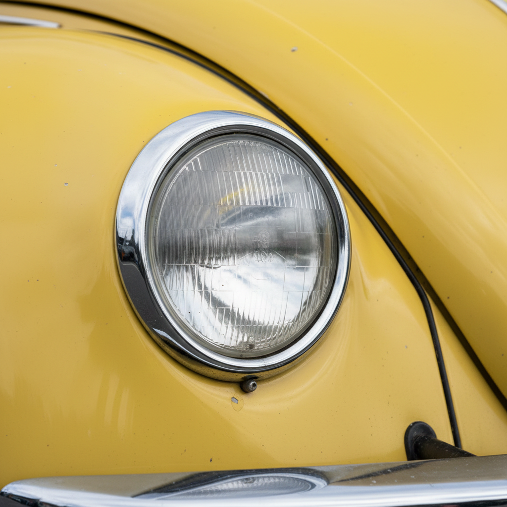 Close up of a yellow VW Beetle headlight, a classic car featured in the January 2026 newsletter.