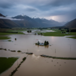 New Zealand flooding aerial view: House surrounded by floodwater, helicopter rescue, mountains, lightning. Flood-resilient home renovations.