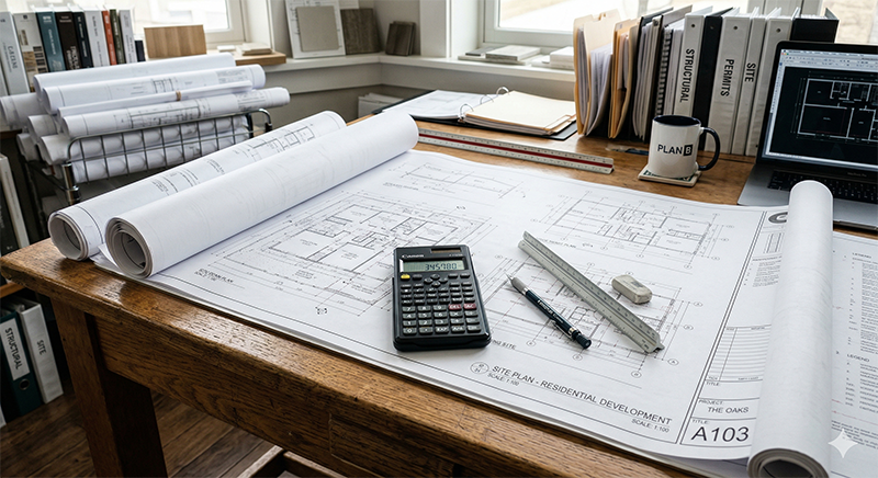 Home design blueprints on a desk with calculator, drafting tools, and laptop. Architectural plans for residential development.