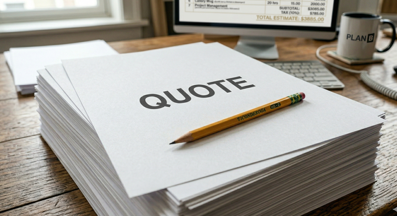 Home Quote: Stack of paper with "QUOTE" text and pencil on a wooden desk, estimate displayed on computer screen.
