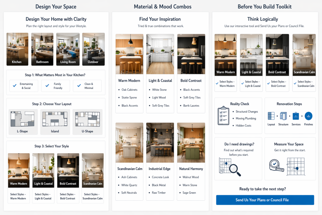 Design Ideas & Concept Drawings: Kitchen, bathroom, living room, and outdoor design layouts with material and mood combos.