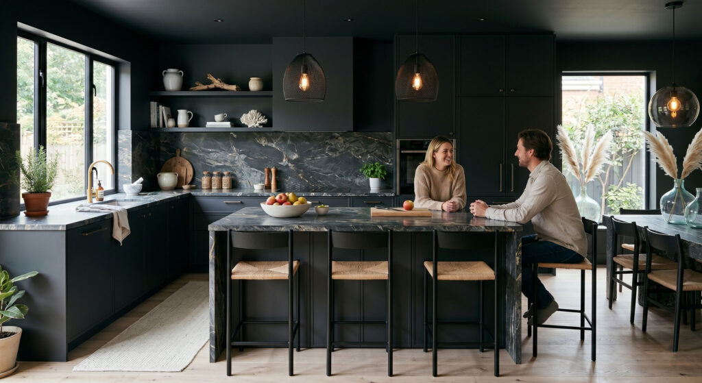 Bold dark kitchen design with contrasting stone countertops, modern lighting, and a couple enjoying the space.