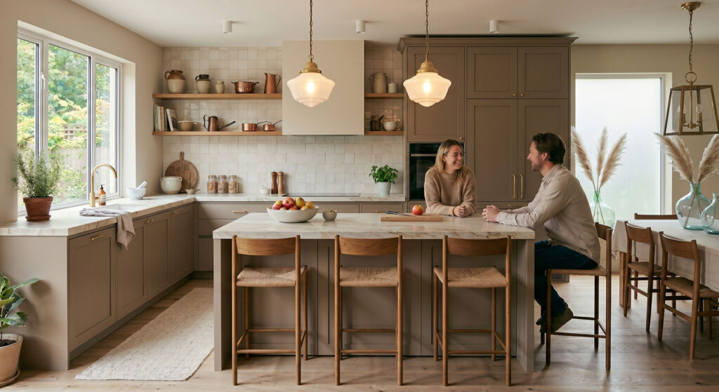 Classic kitchen design with neutral tones, featuring a central island, pendant lights, and open shelving for a warm and inviting feel.