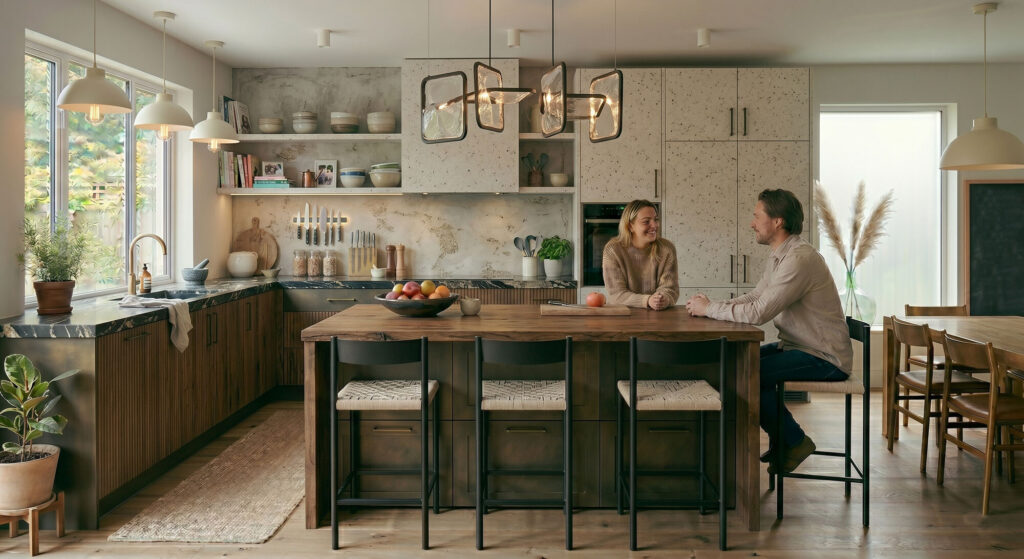 Contemporary kitchen design with mixed textures and a large island. Concept drawings feature natural light and modern lighting.