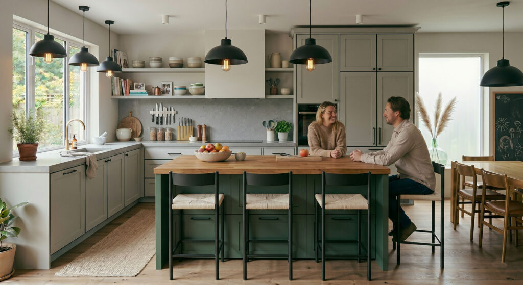 Practical kitchen design with durable finishes: Family enjoying time at the central island with seating and stylish pendant lights.