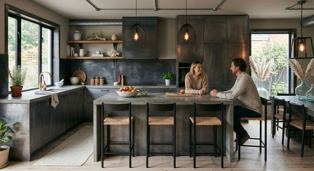 Industrial kitchen design idea with concrete countertops, steel cabinets, and modern pendant lighting. Concept drawing inspiration.