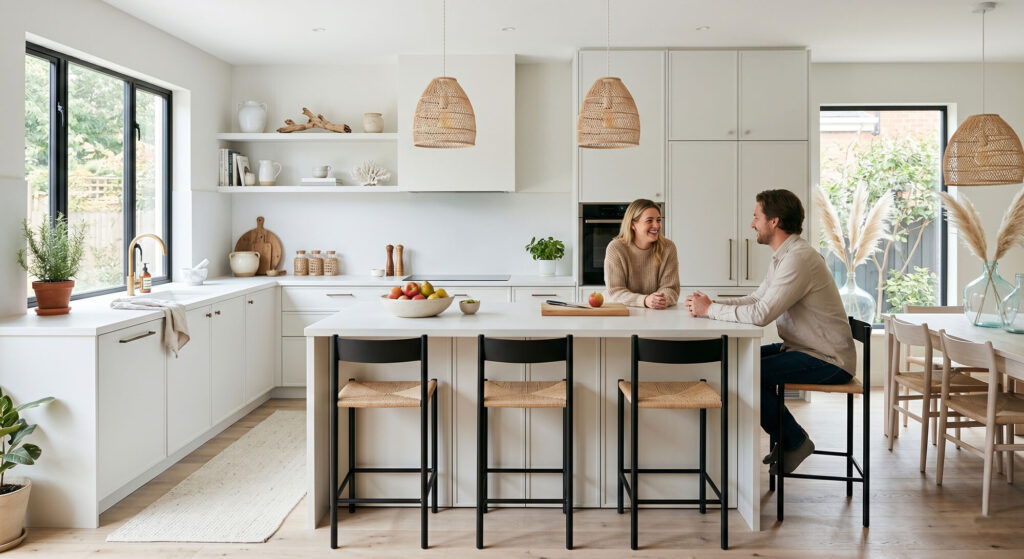 Light coastal kitchen design with white cabinets, natural textures, woven pendant lights, and couple at the island.