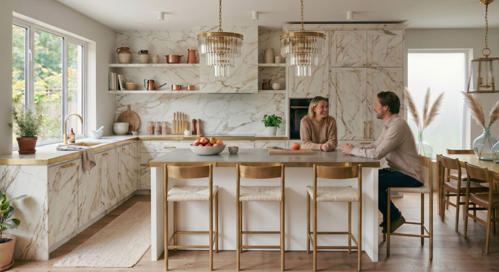 Luxury kitchen design idea: marble cabinetry, brass accents, island seating, and modern chandeliers.