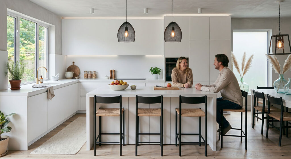 Clean white minimalist kitchen design with couple at island. Kitchen design ideas and concept drawings.