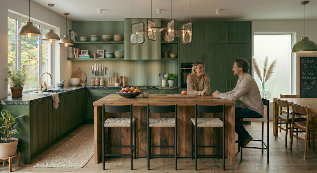 Natural earthy green kitchen design with timber island, pendant lights, and a couple sitting at the counter.