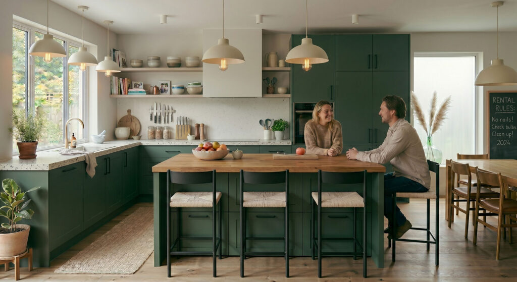 Cost-effective rental kitchen upgrade design: Green cabinets, wood island, modern lighting, and happy couple enjoying the space.