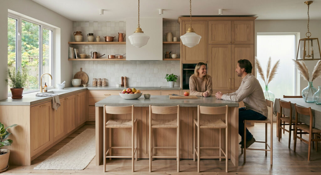 Scandinavian kitchen design with light timber cabinets, soft grey countertops, and a couple enjoying the space.