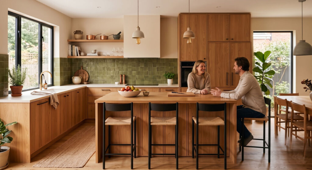 Warm modern kitchen design with timber cabinets, soft tones, an island, and people. Design ideas and concept drawings.