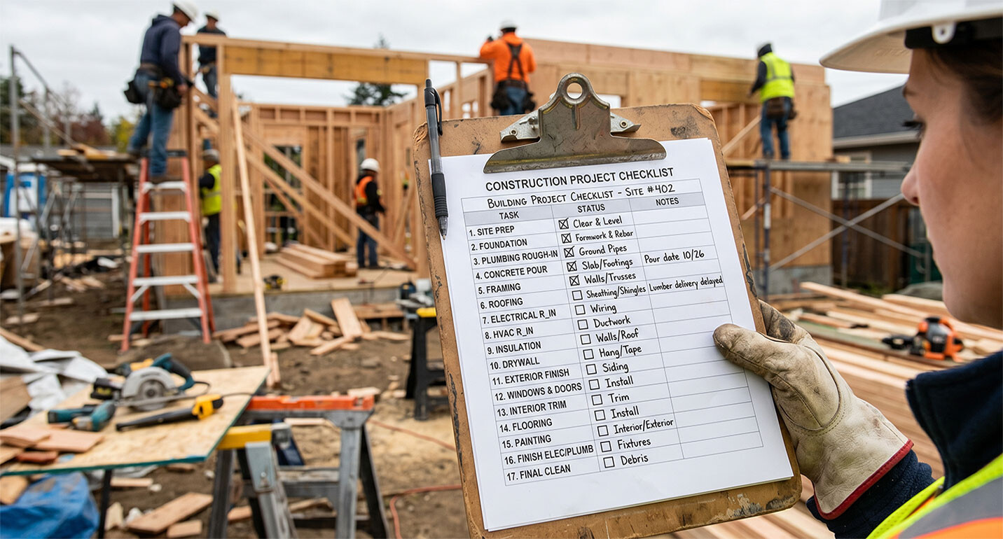 April 2026 Newsletter: Construction site with inspector holding checklist for building project status and quality control.