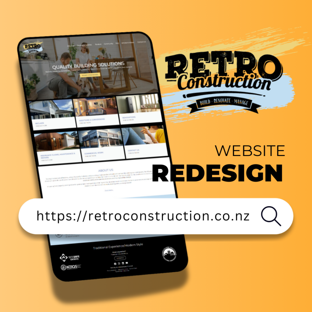 Retro Construction website redesign on phone. Quality building solutions, renovations, and management in Quarterly Newsletter April 2026.