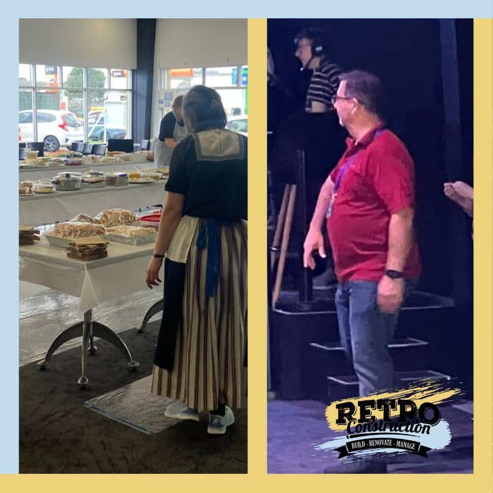 Split image of a striped apron over a long skirt near a food table and a man in a red polo smiling on a stage with a Retro Construction logo.