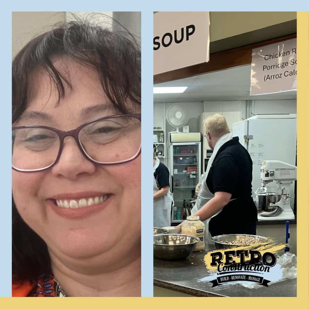 Split image of a smiling woman with glasses and volunteers preparing soup in a kitchen with a Retro Construction logo.